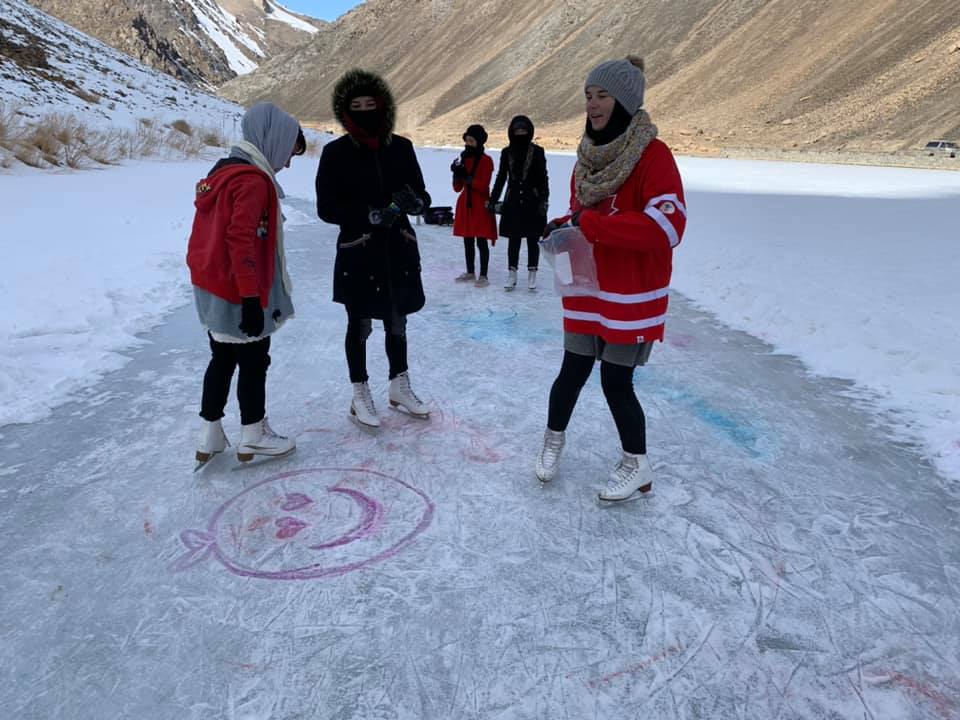 Chelsea teaching ice skating in Bamiyan, 2020